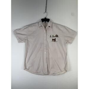 Compliments Shirt Mens Medium Beige Horse Embroidered Short Sleeve Button Up